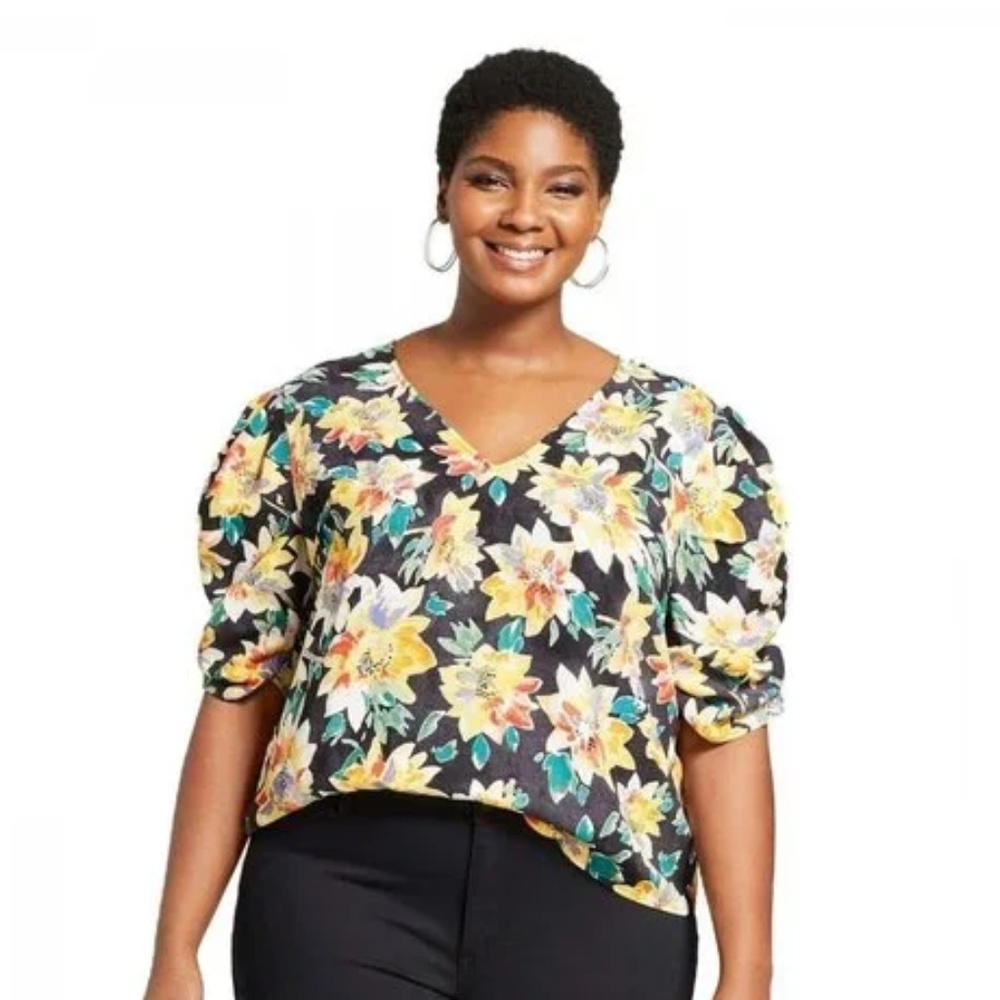 Ava & Viv Black Floral Puff Sleeve Top NWT Size 0X